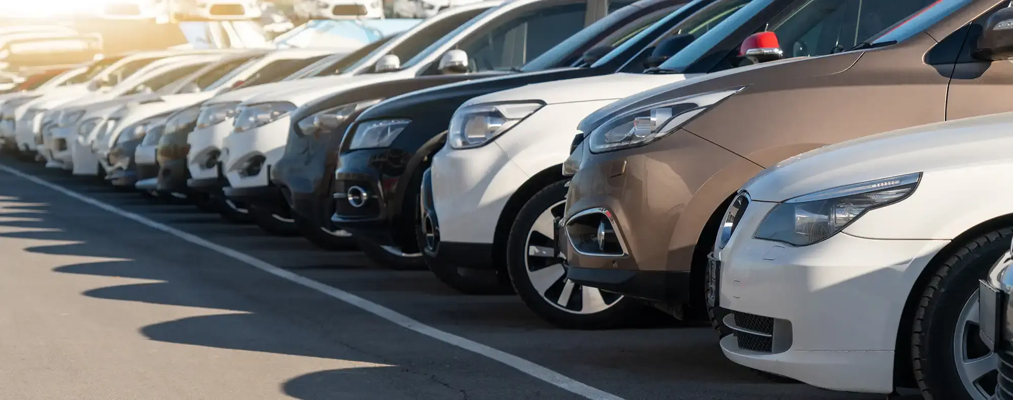 Row of used cars parked on a forecourt